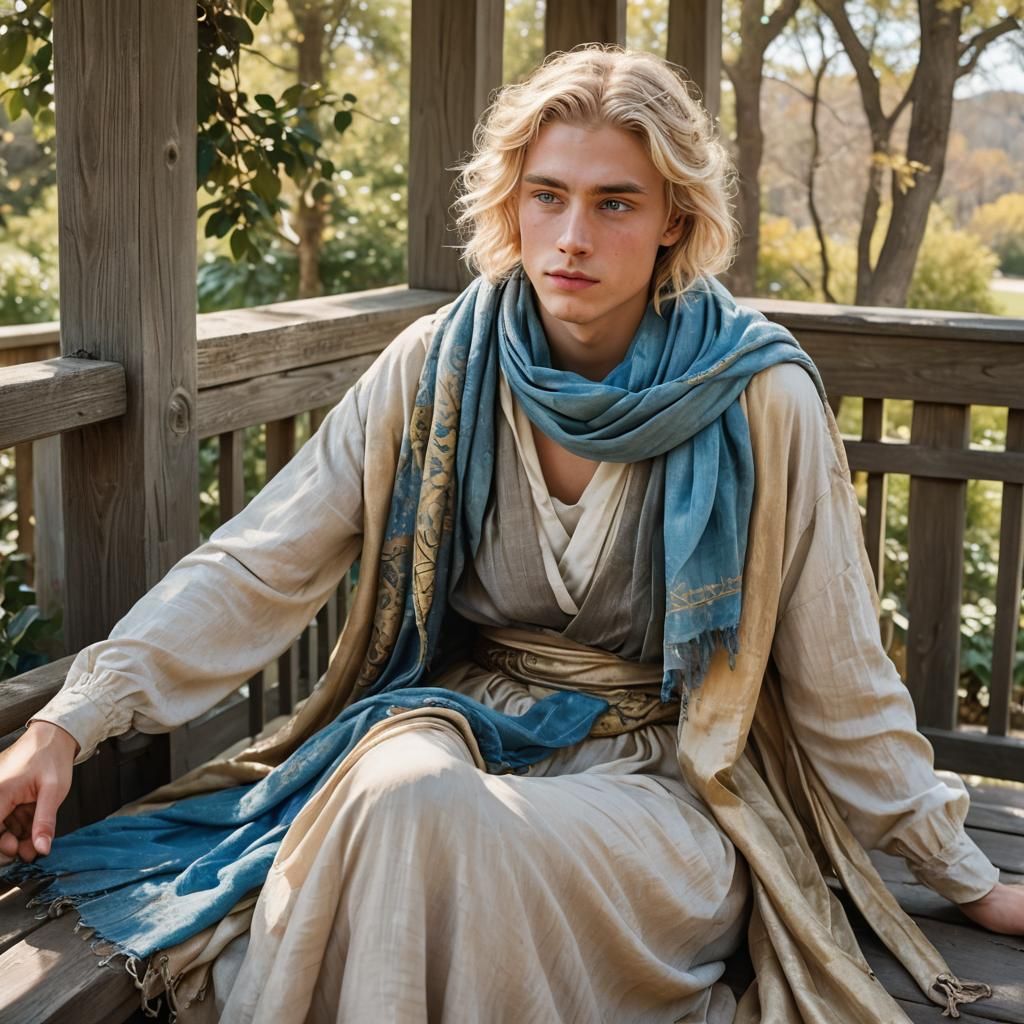 Contemplative Boy in Childish Dress on Porch