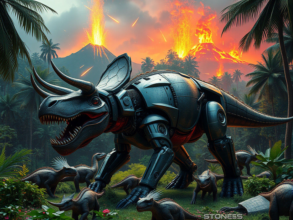 Velociraptors Versus Triceratops Robot in Prehistoric Forest