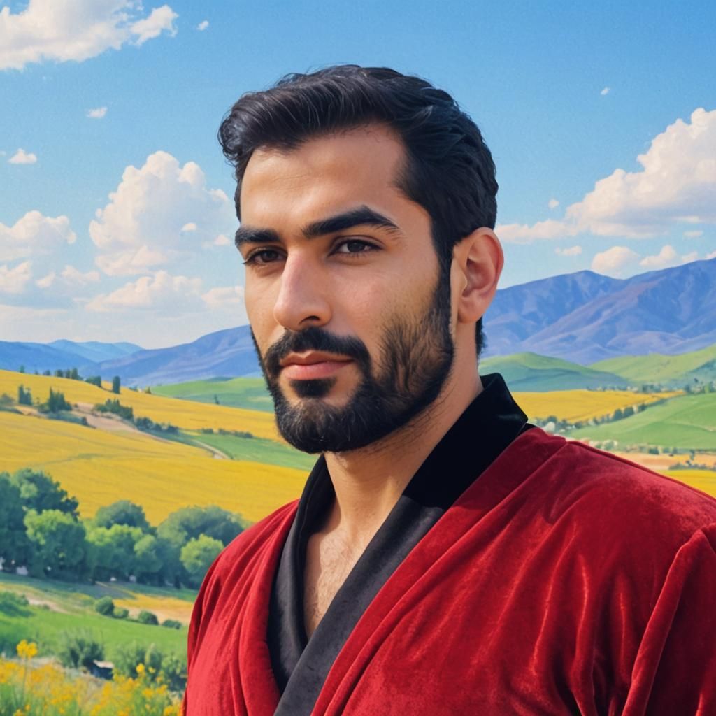 Handsome Man in Red Velvet Robe Portrait