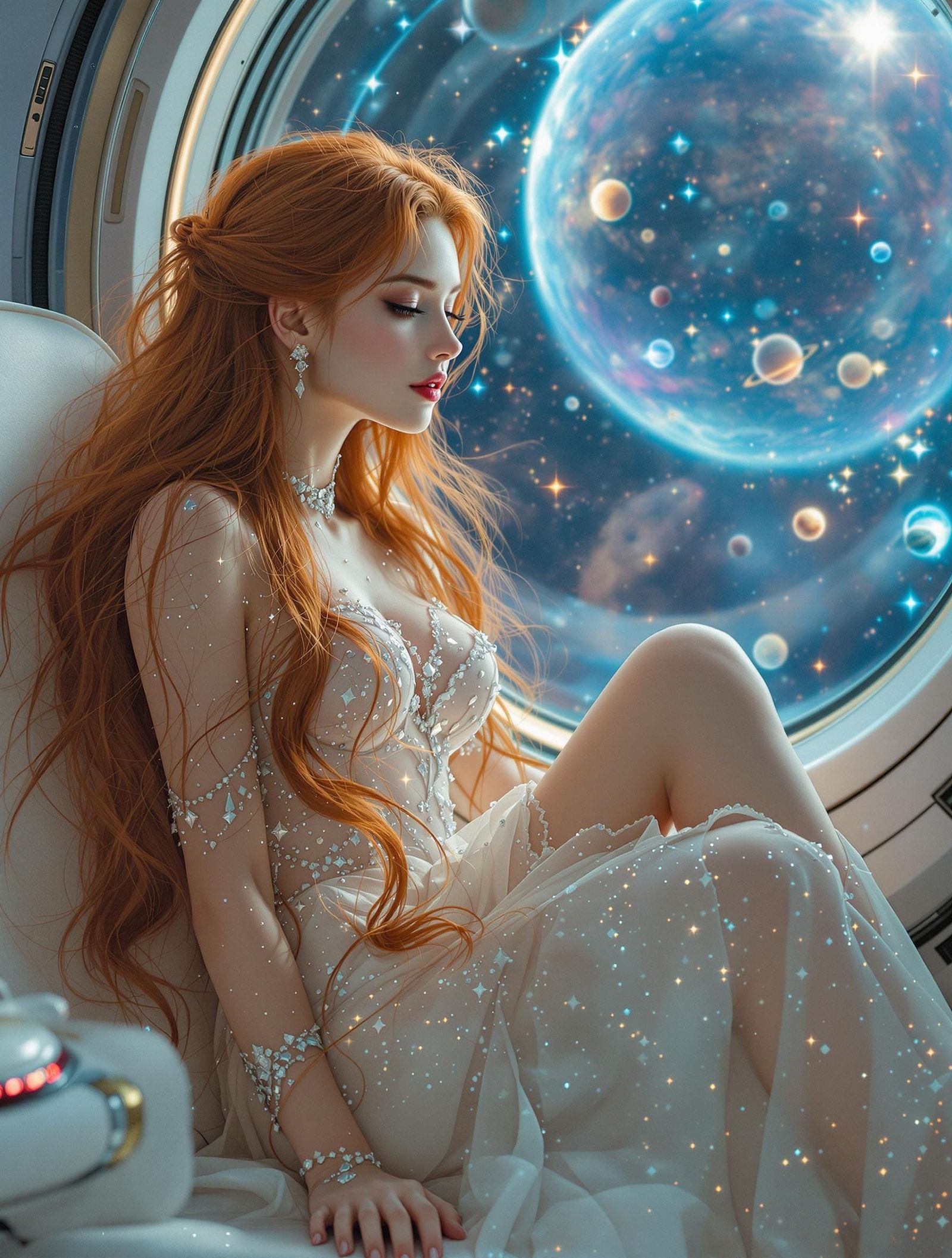 Futuristic Woman in Sparkling White Gown Amidst Celestial Wo...