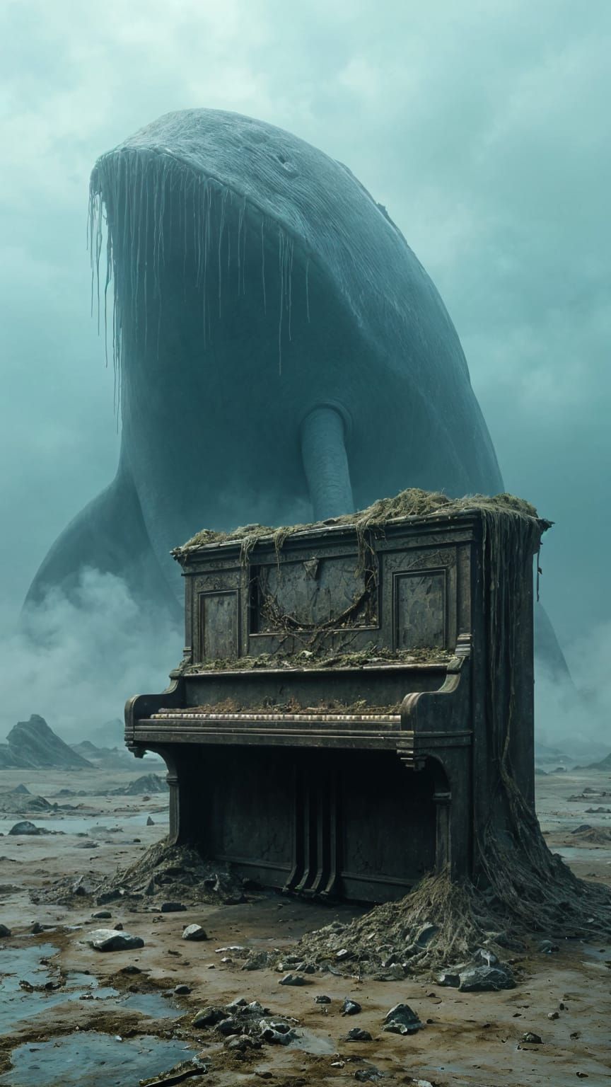 Whale Ascending Behind Decayed Piano, Impasto Painting