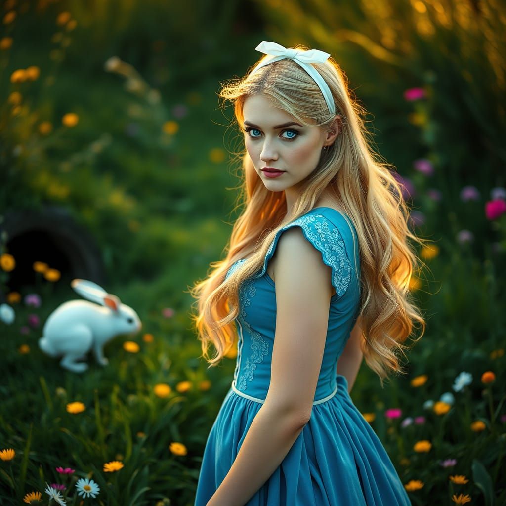 Mystical Woman in Blue Watches White Rabbit Disappear Down R...