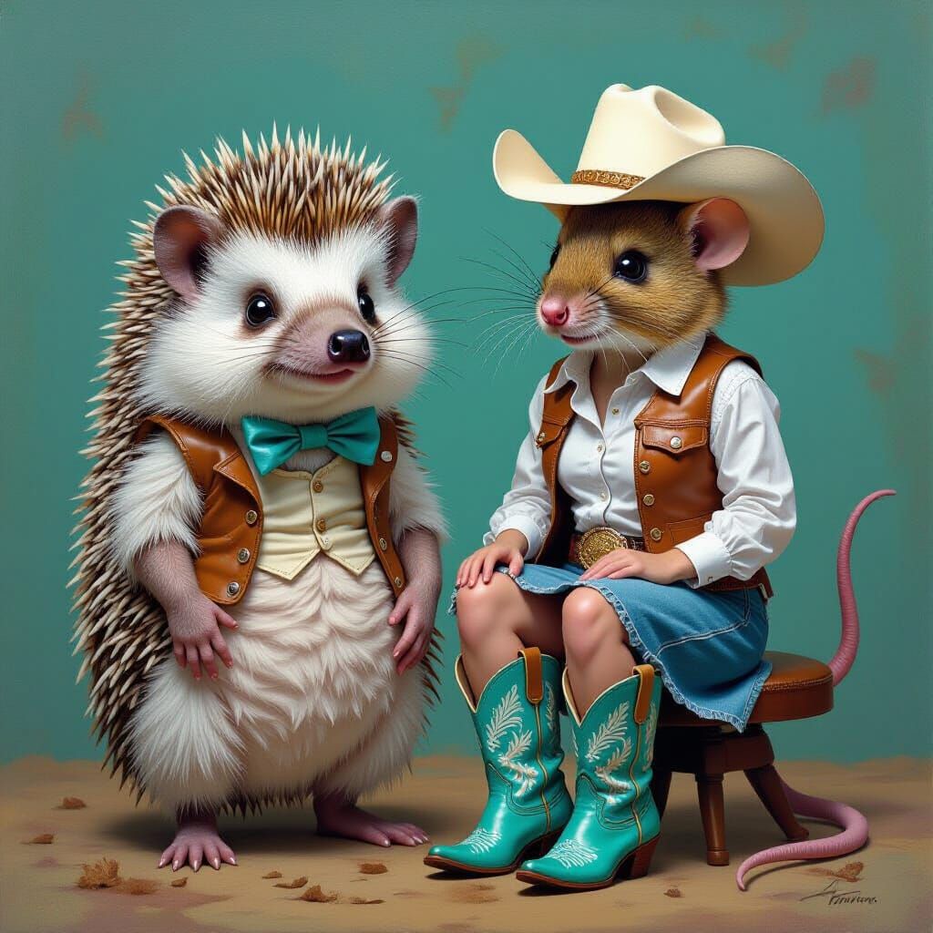 Surreal Hedgehog Propagandist with Mouse Cowgirl