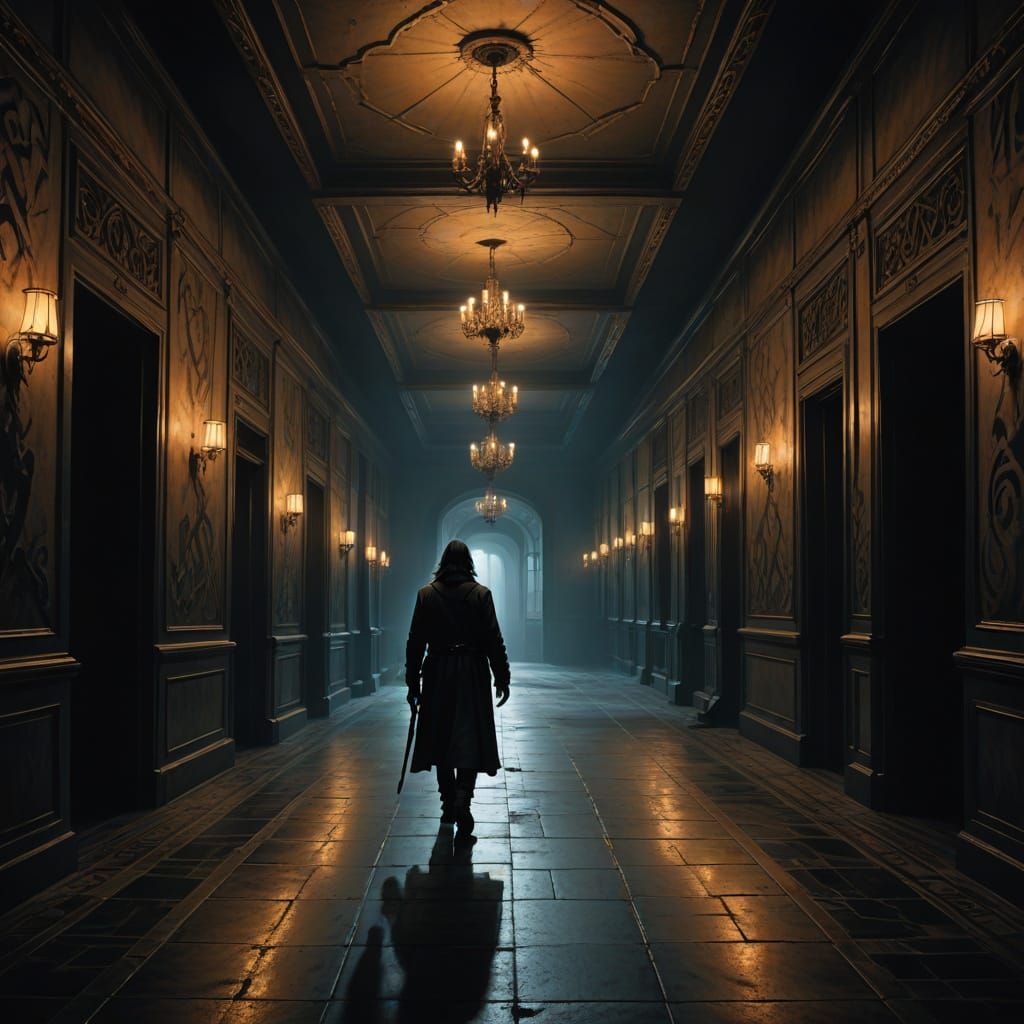 Fantasy Art of a Lone Figure in a Dread-Filled Hotel Hallway