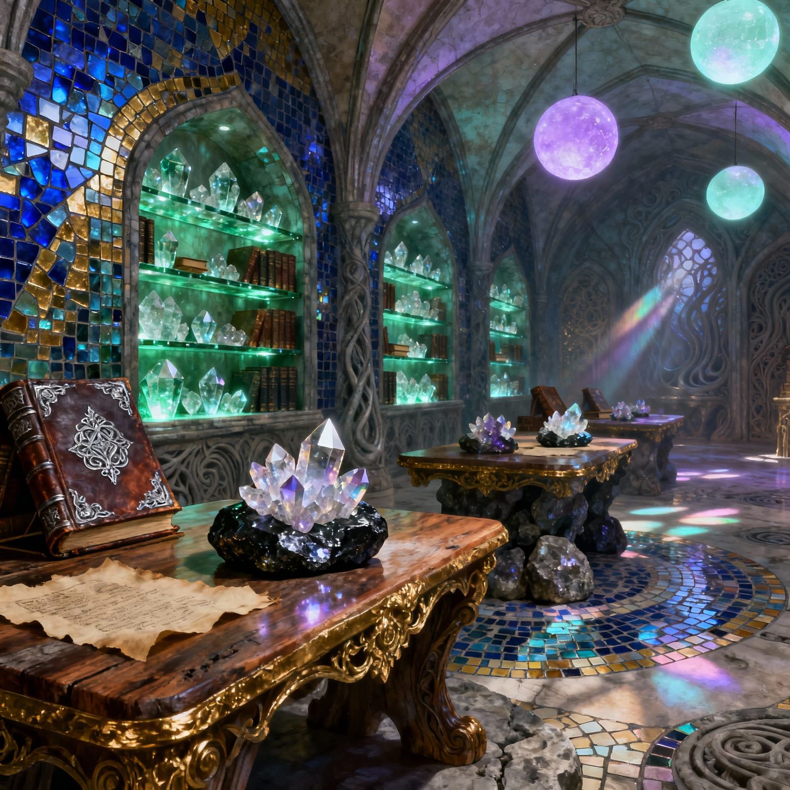 Enchanted Library with Crystal Shelves and Glowing Orbs