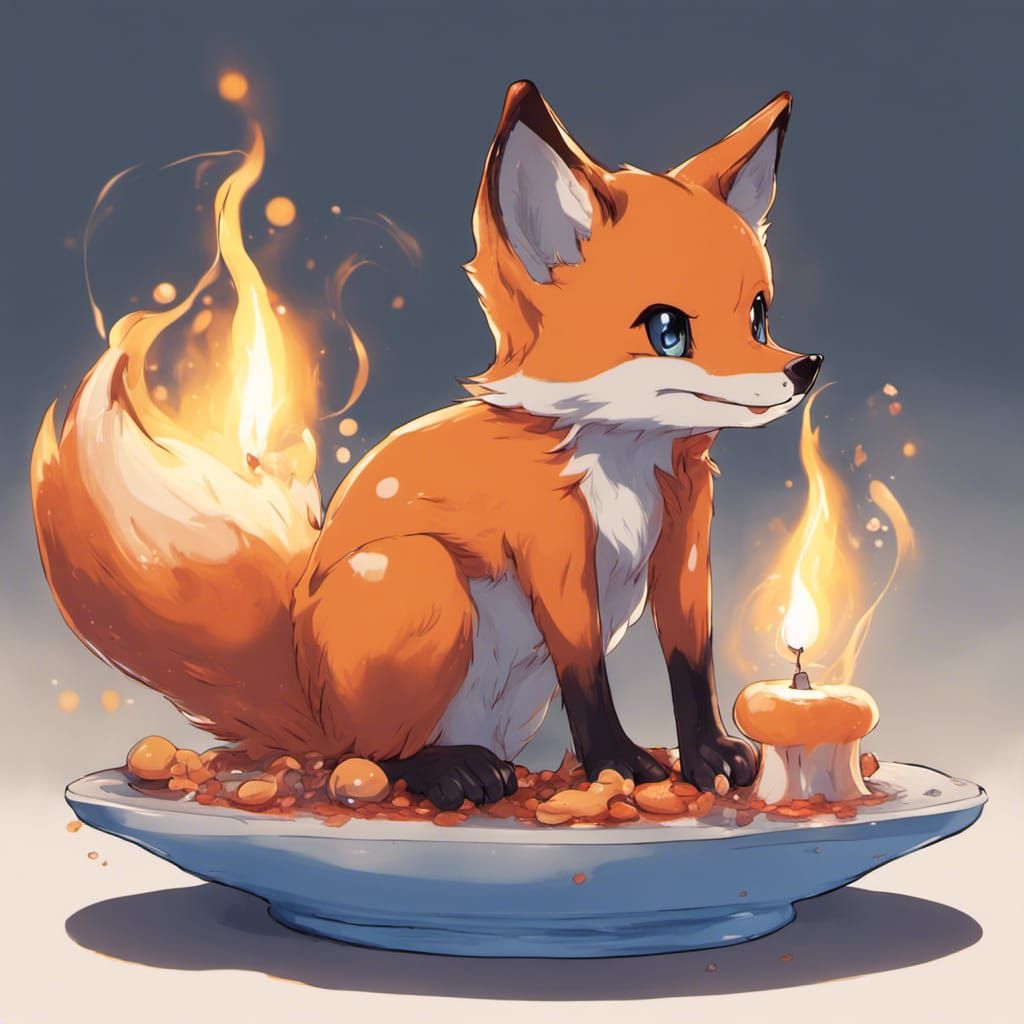 Orange Fox with Mushrooms and Blue Candles: Anime Art