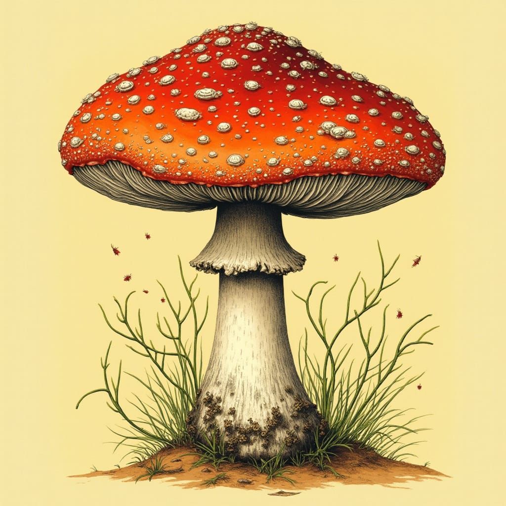 Amanita Muscaria and Virus in Botanical Illustration Style