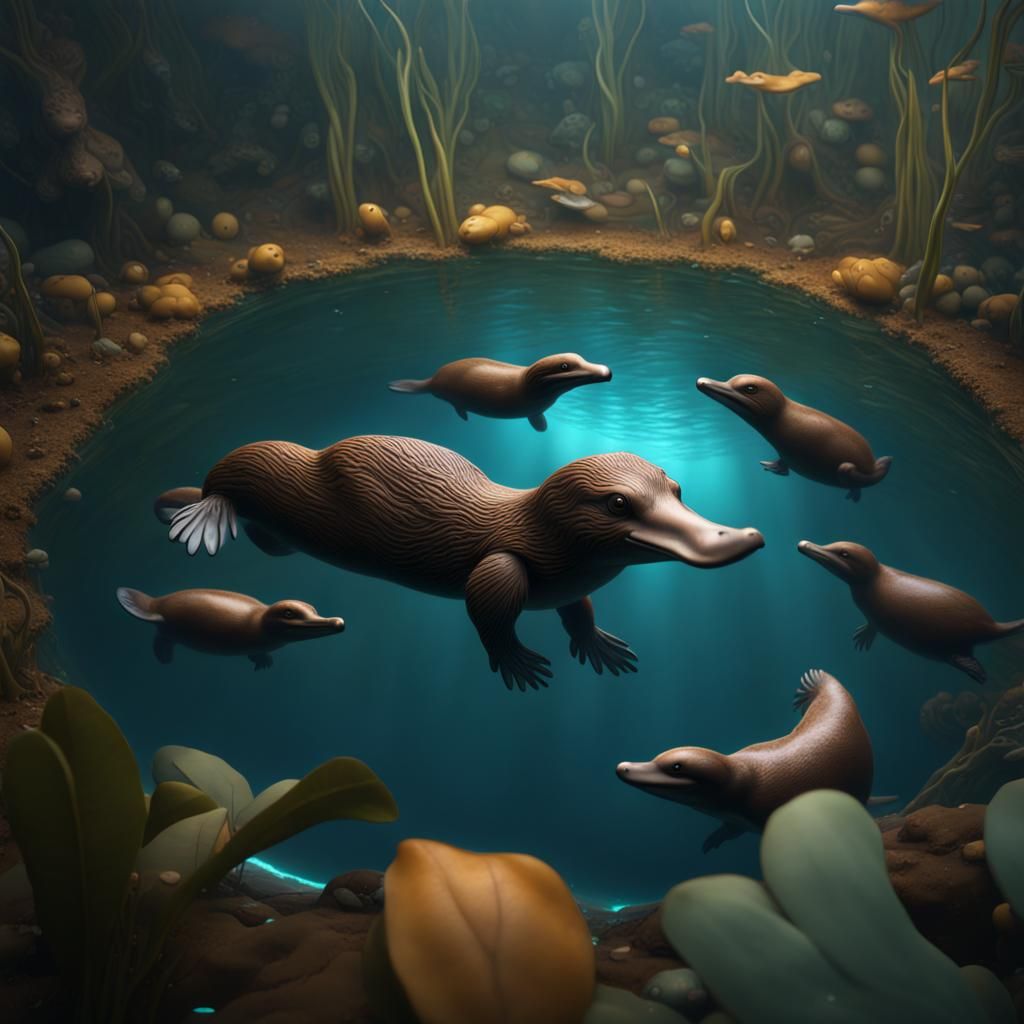 Baby Platypus Surrounded by Mothers: Fantasy Art