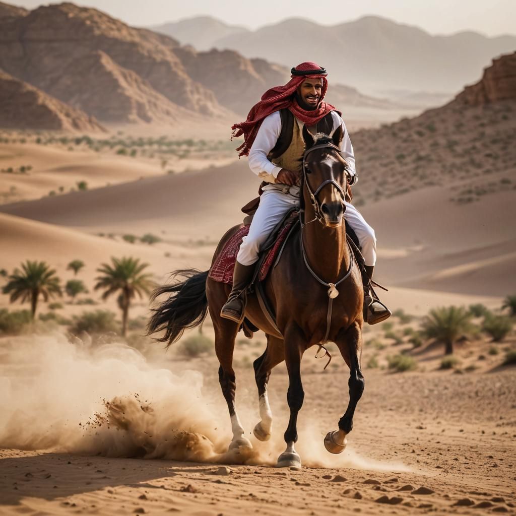 Bedouin Prince on Arabian Stallion in Desert