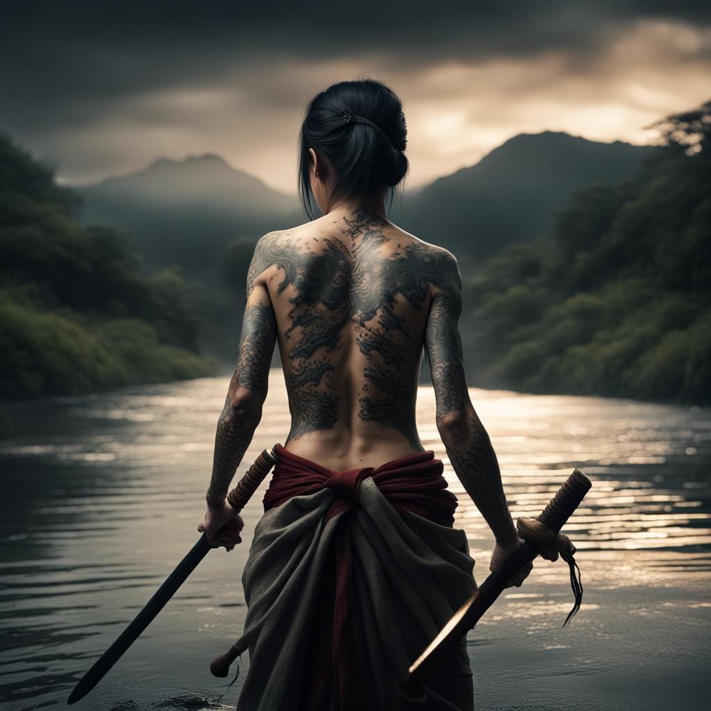 Japanese Woman Cleans Katana in Dark River Scene