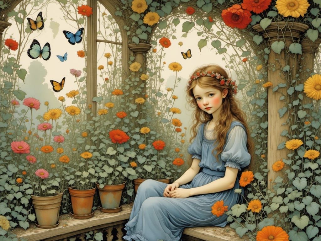 Girl on Balcony with Birds and Butterflies