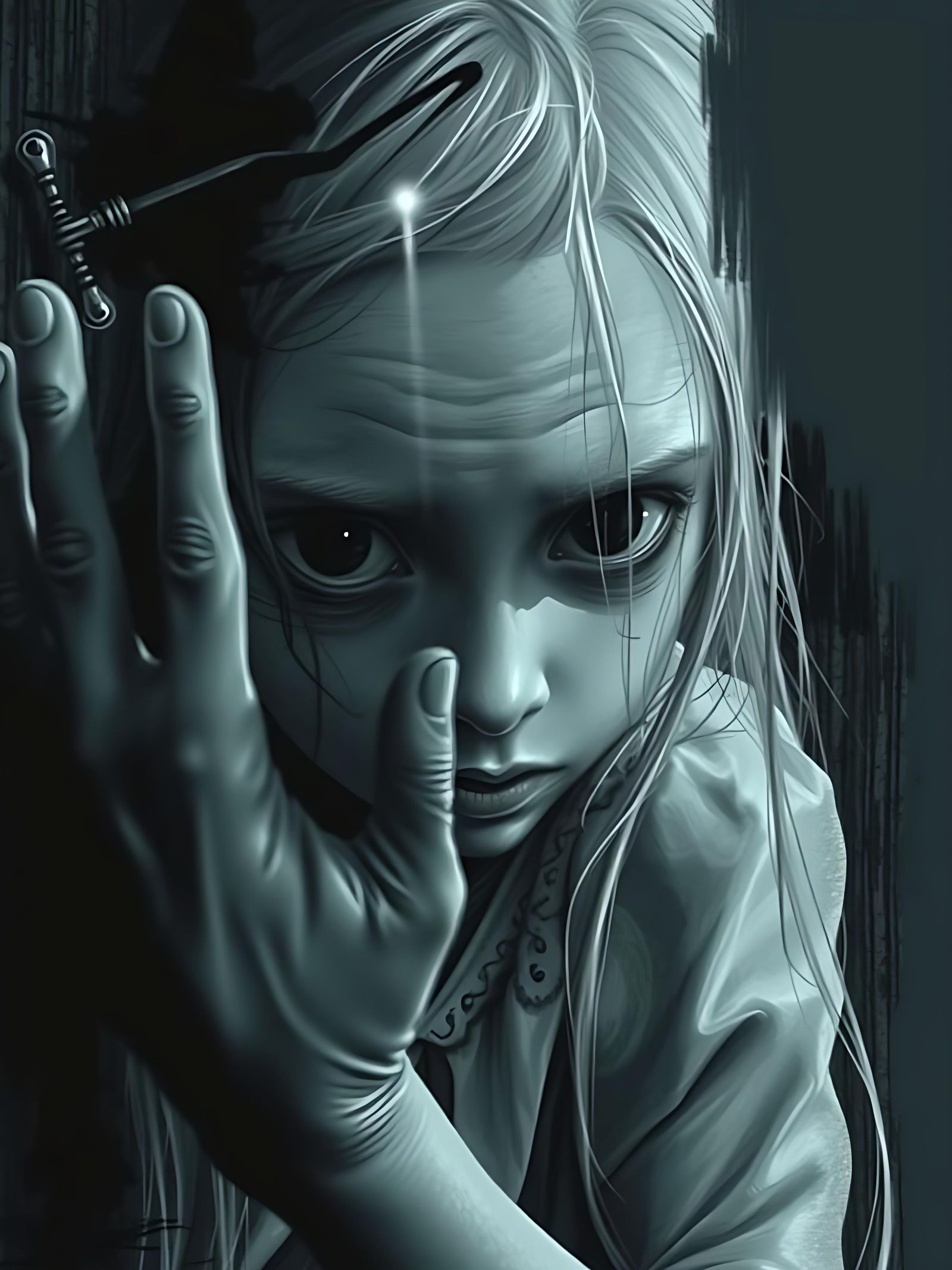 Eerie Pale Girl at Window: a Digital Art Masterpiece