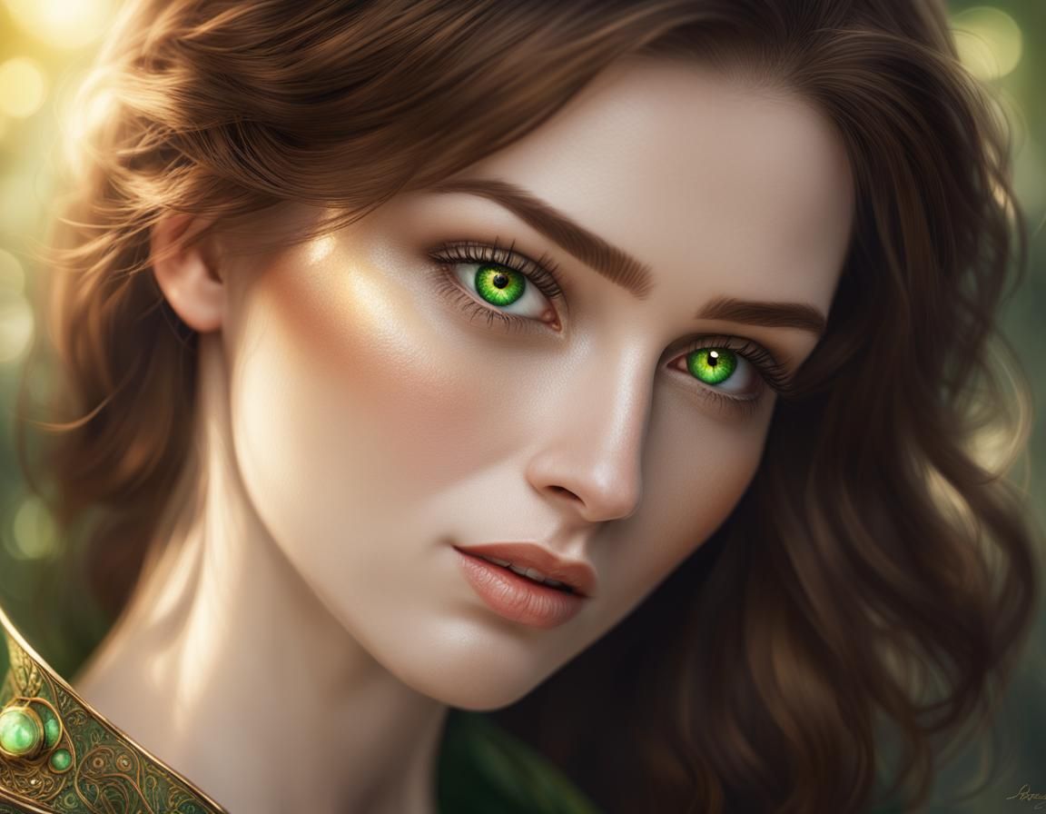 young lady with brown hair and green eyes and porcelain whit...