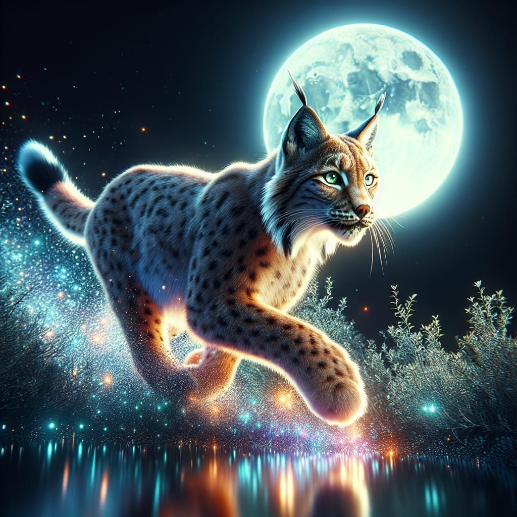 Lynx Running Under Full Moon in Bioluminescent Style