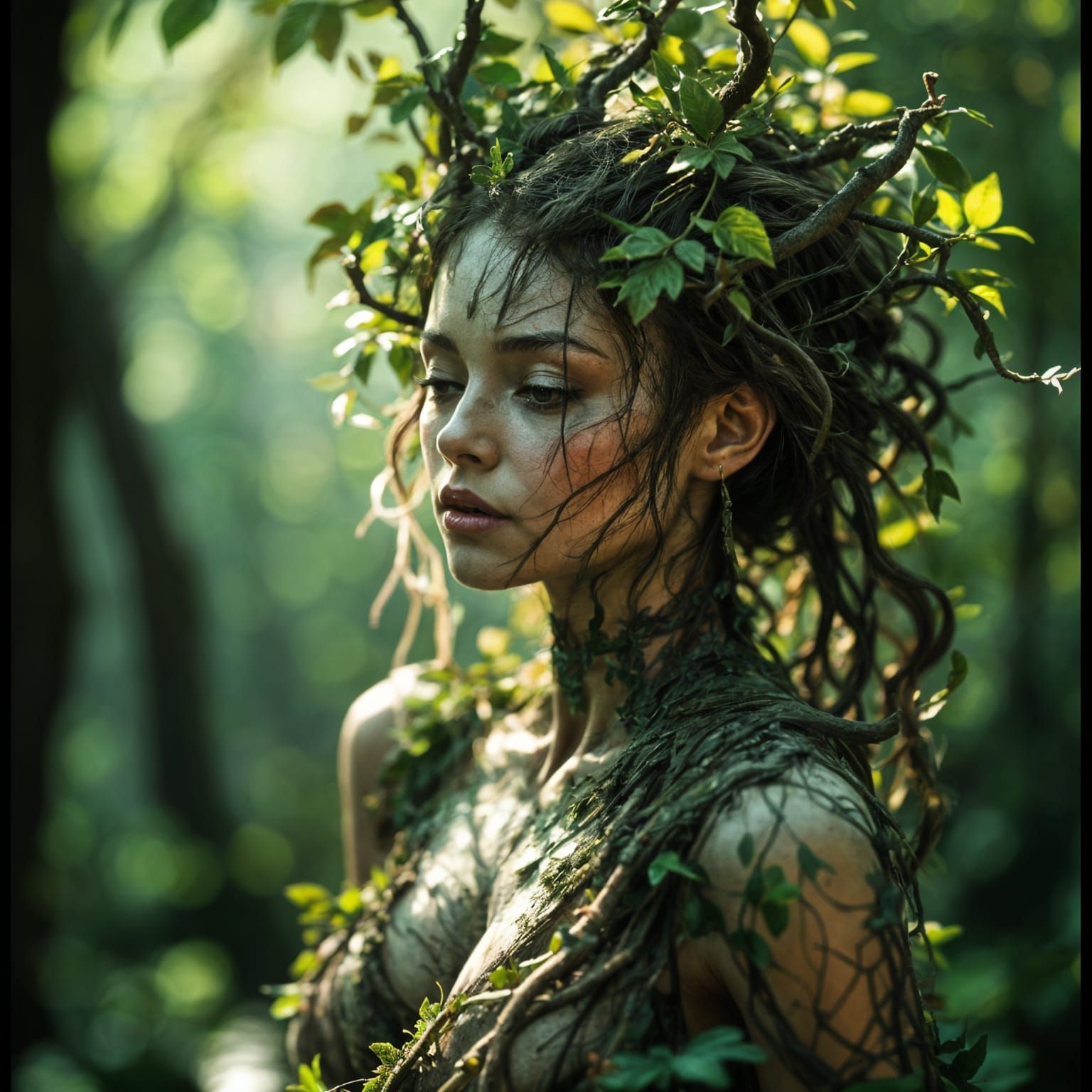 Majestic Tree Trunk Fairy in Sun-Dappled Forest