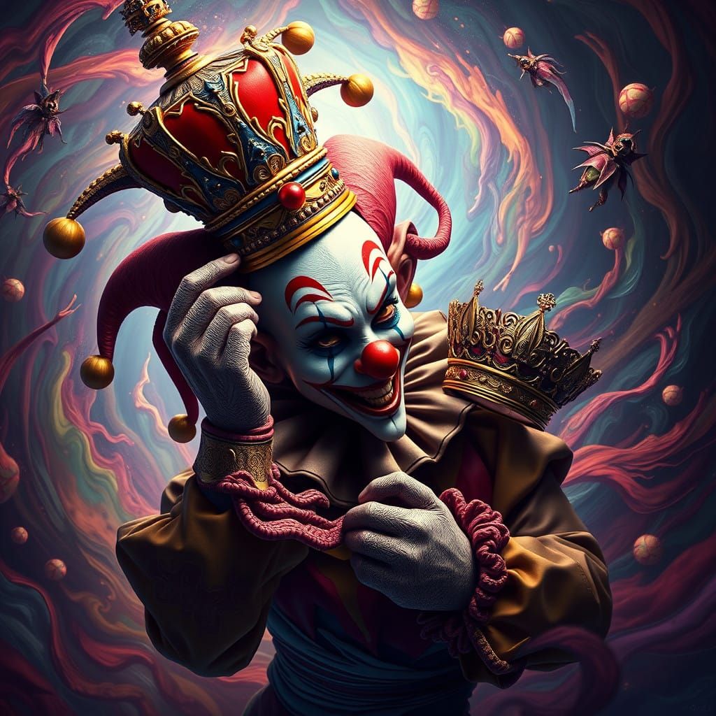 Mystical Clown Grasping Regal Crown in Vibrant Vortex