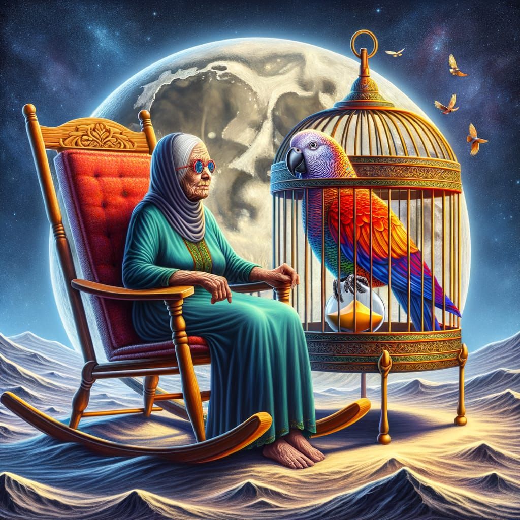 Woman on Moon Holds Birdcage Next to Hourglass