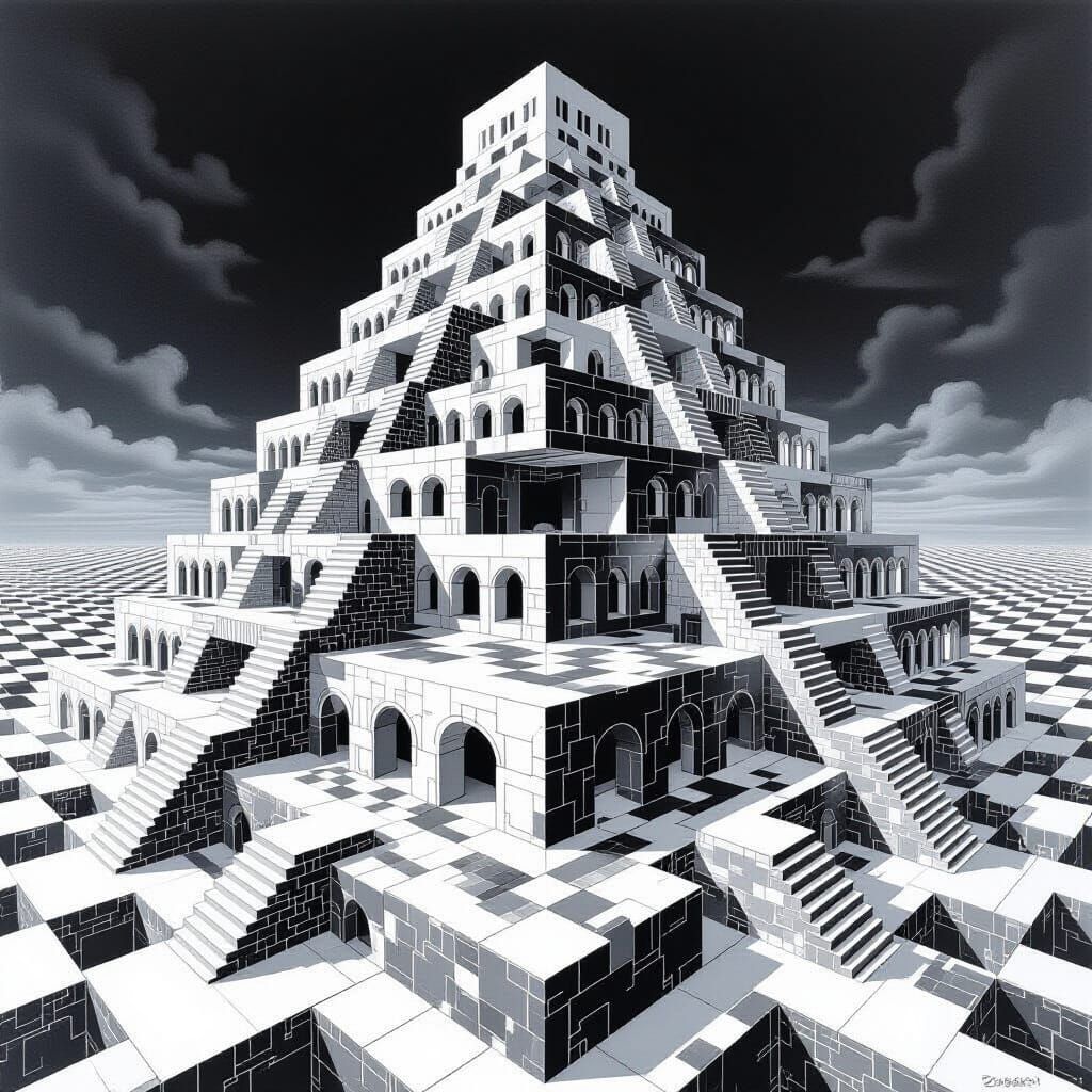 Escher Style Ziggurat in Black, White, and Gray