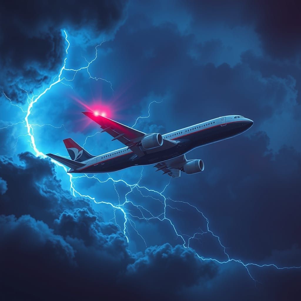 Commercial Airliner Soaring Through Stormy Lightning Sky