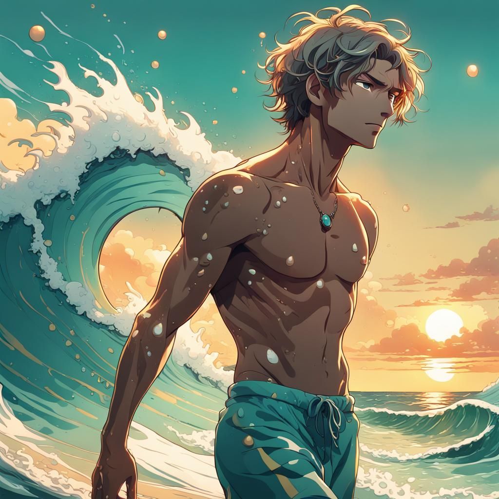 Anime Surfer Walks from Turquoise Sea