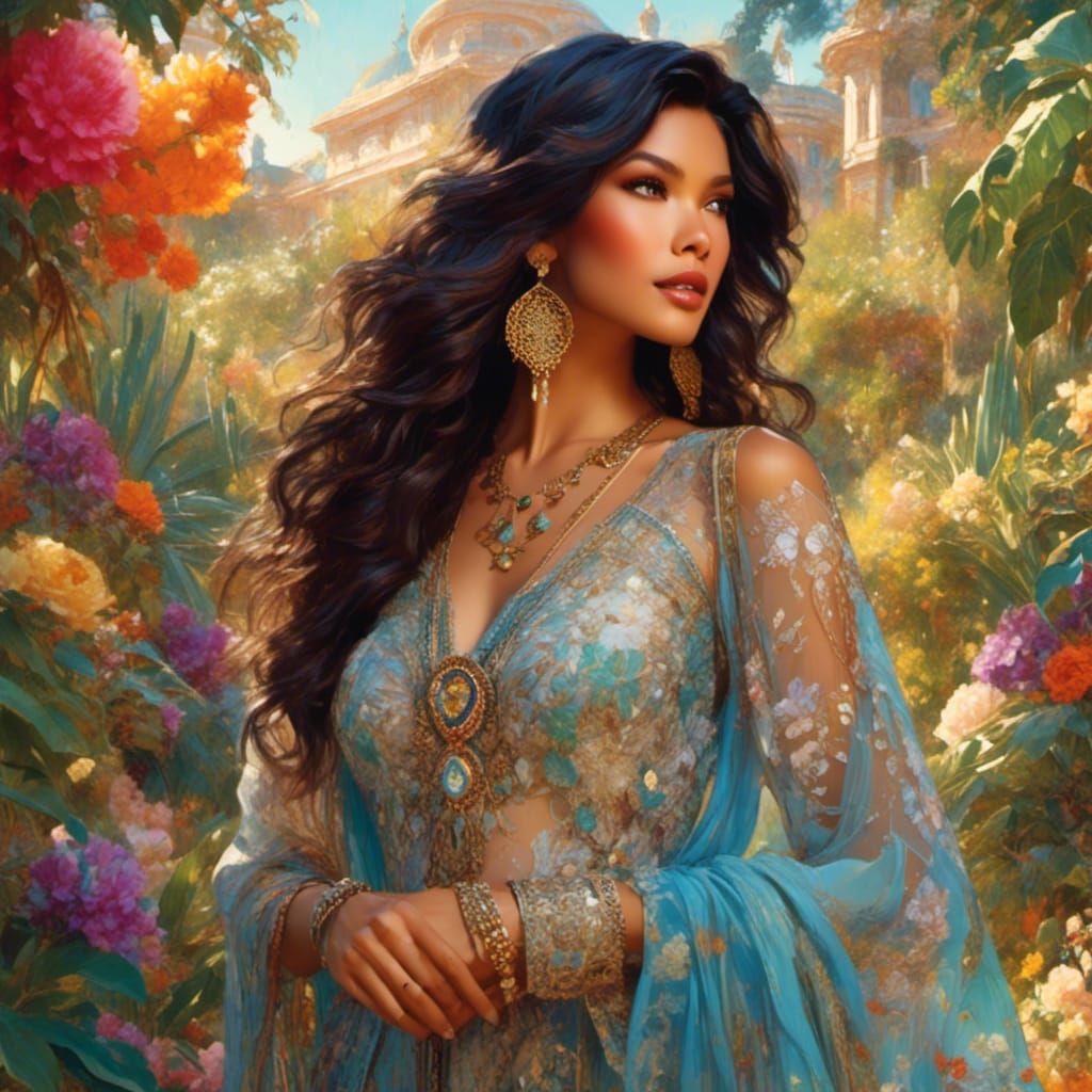 Elegant Woman in Silk Dress in Exotic Garden