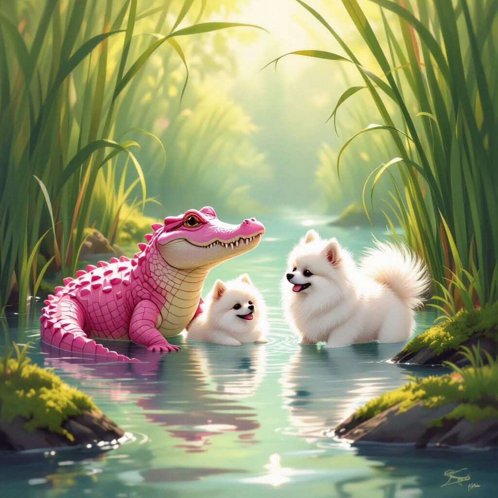 Pink Alligator Plays With Pomeranians in Sun-Dappled River