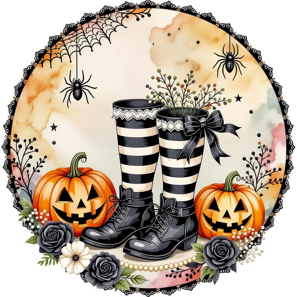 Vintage Shabby Chic Halloween Scene in Watercolor