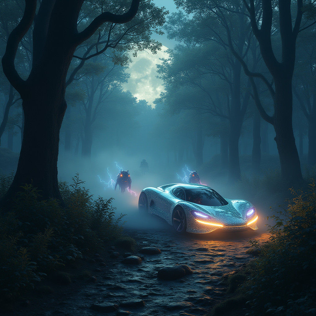 Ethereal Car Glides Through Mystical Forest