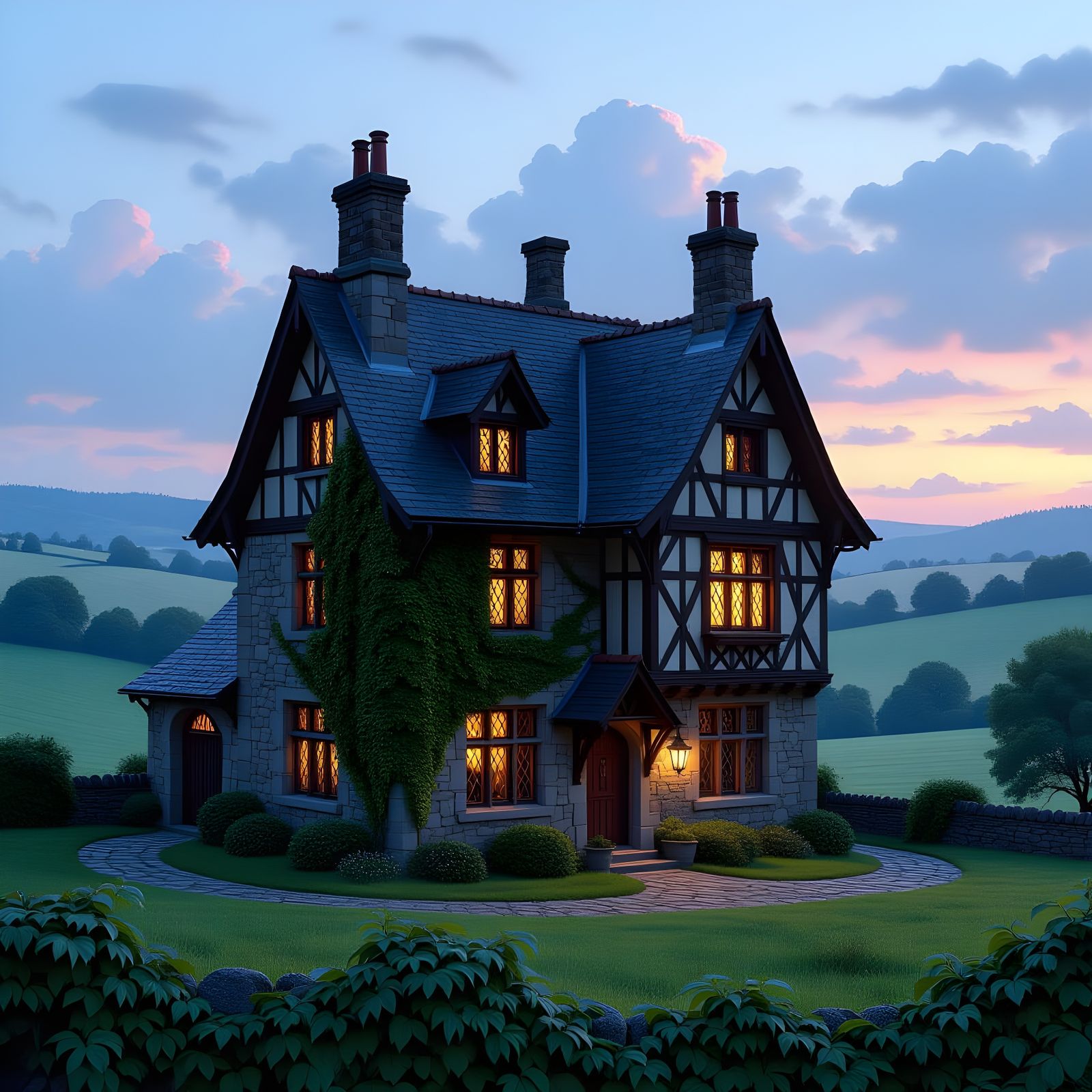 Grand Medieval Manor at Dusk with Warmly Lit Windows