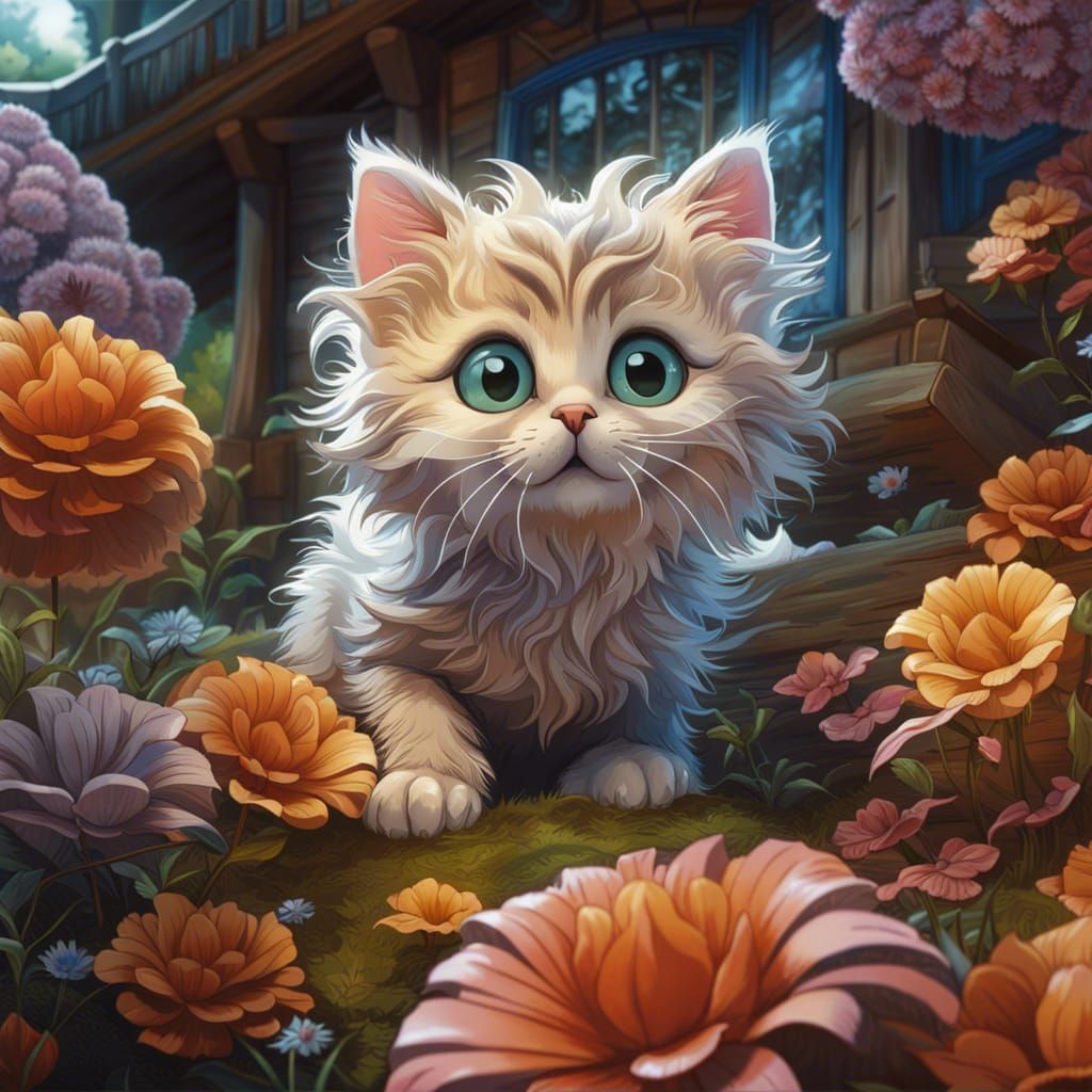 Surprised Chibi Kitten in Ornate Maximalist Style