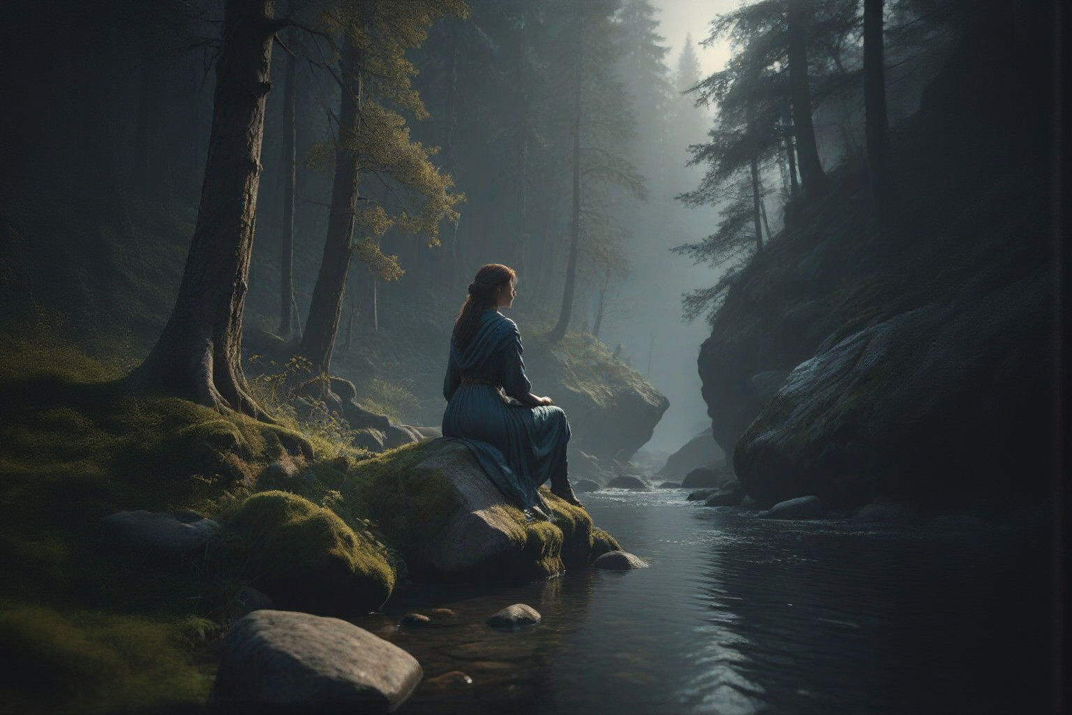 Nordic Forest Figure in Eerie Blue Twilight