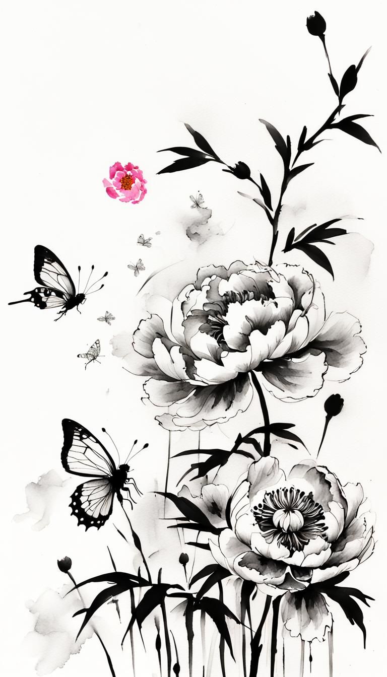 Minimalist Chinese Ink Painting: Peonies and Butterflies
