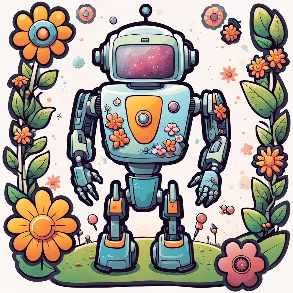 Cartoon Flower Power Robot Stickers