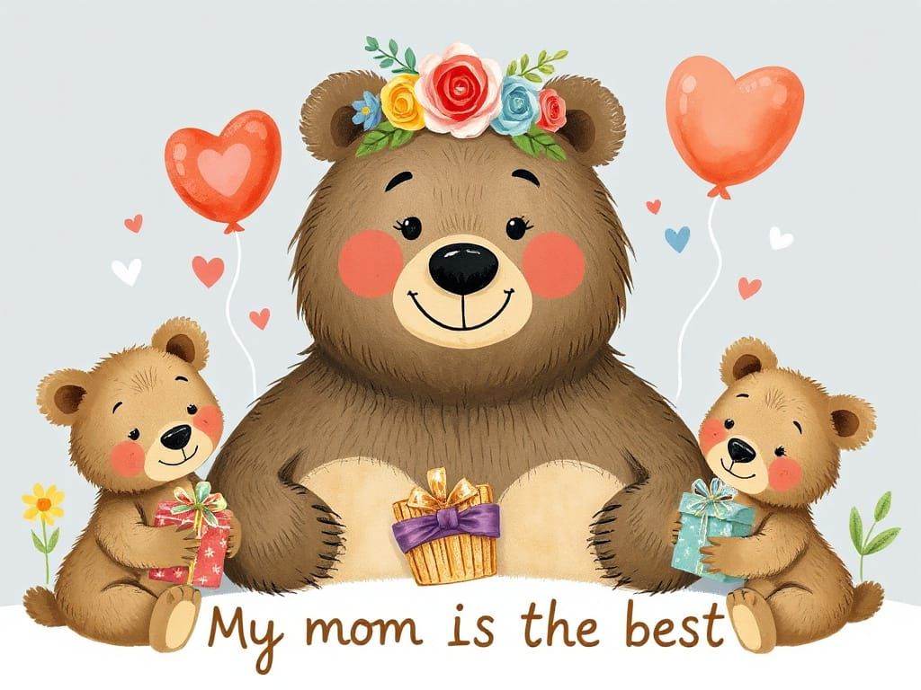 Mother Bear Surrounded by Loving Cubs in Whimsical Scene