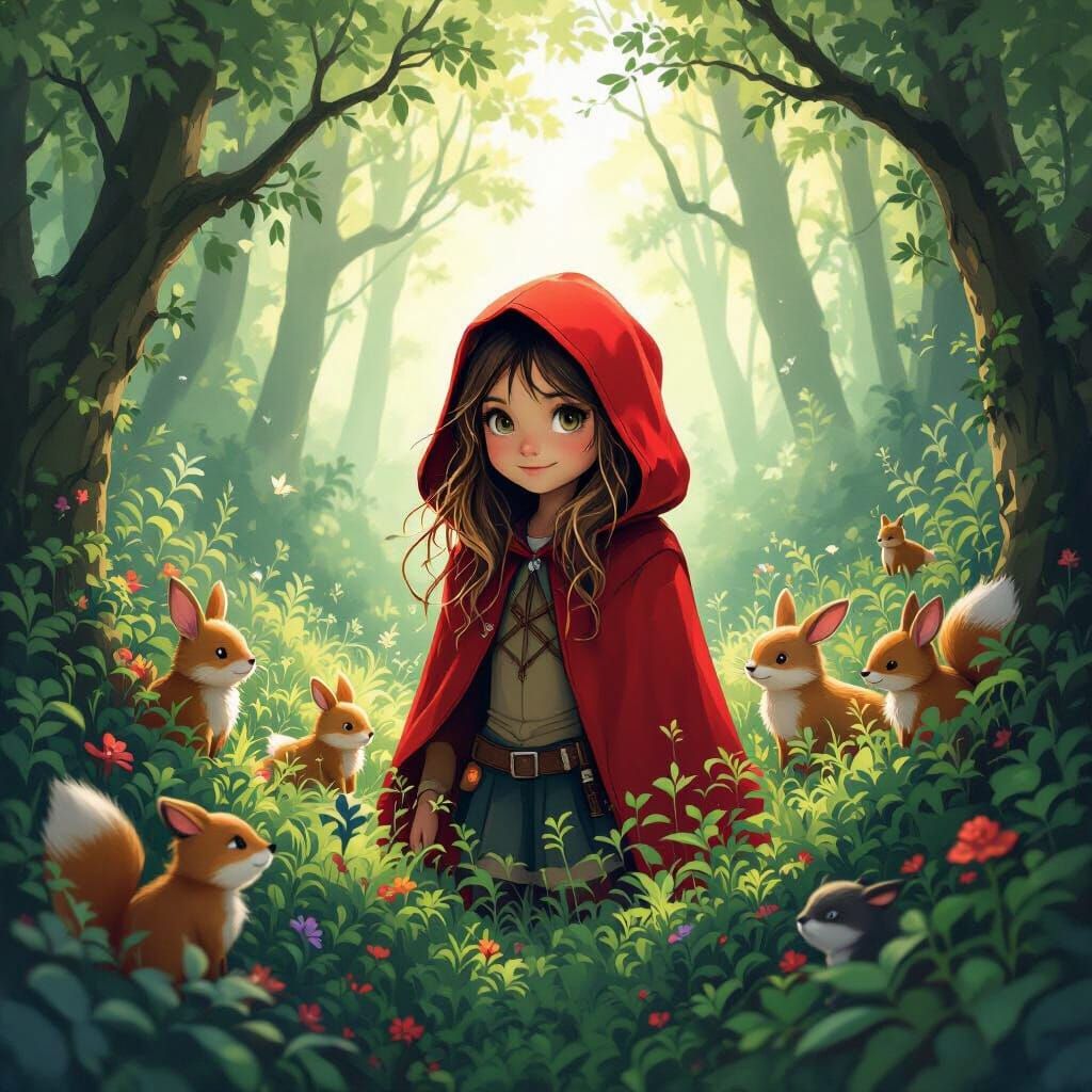Red Hooded Girl in Forest Fairy Tale