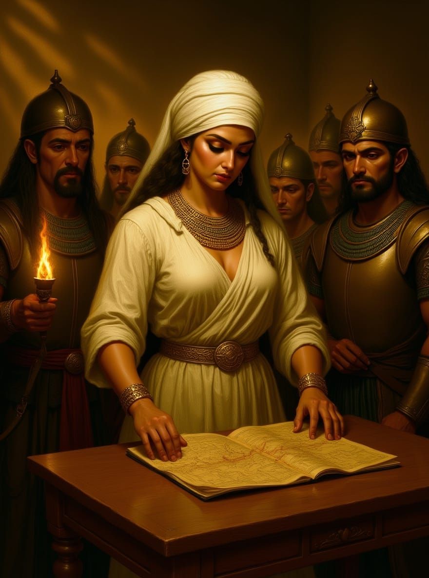 Egyptian Woman Studies Ancient Map by Torchlight