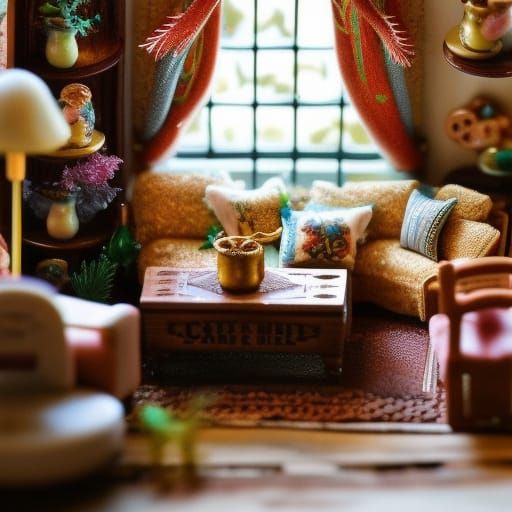 Bird in Miniature Dollhouse Scene of Wonder