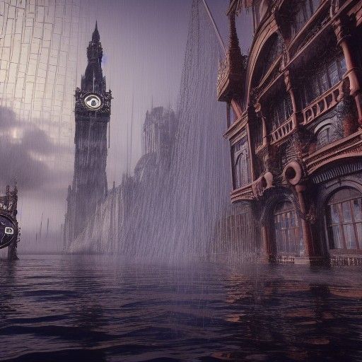 Steampunk Clock Tower Leaking in Futuristic City