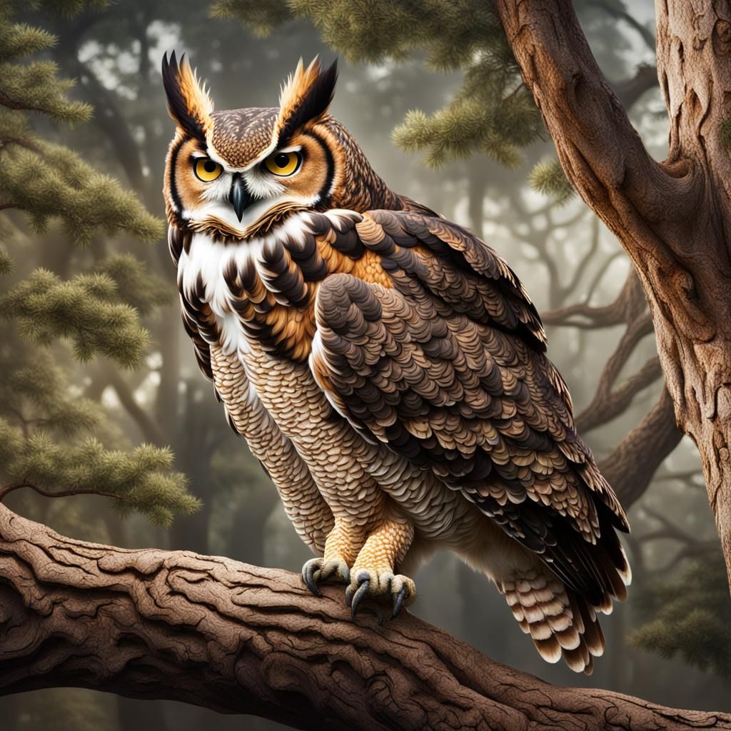 Great Horned Owl in Tree: Detailed Matte Painting