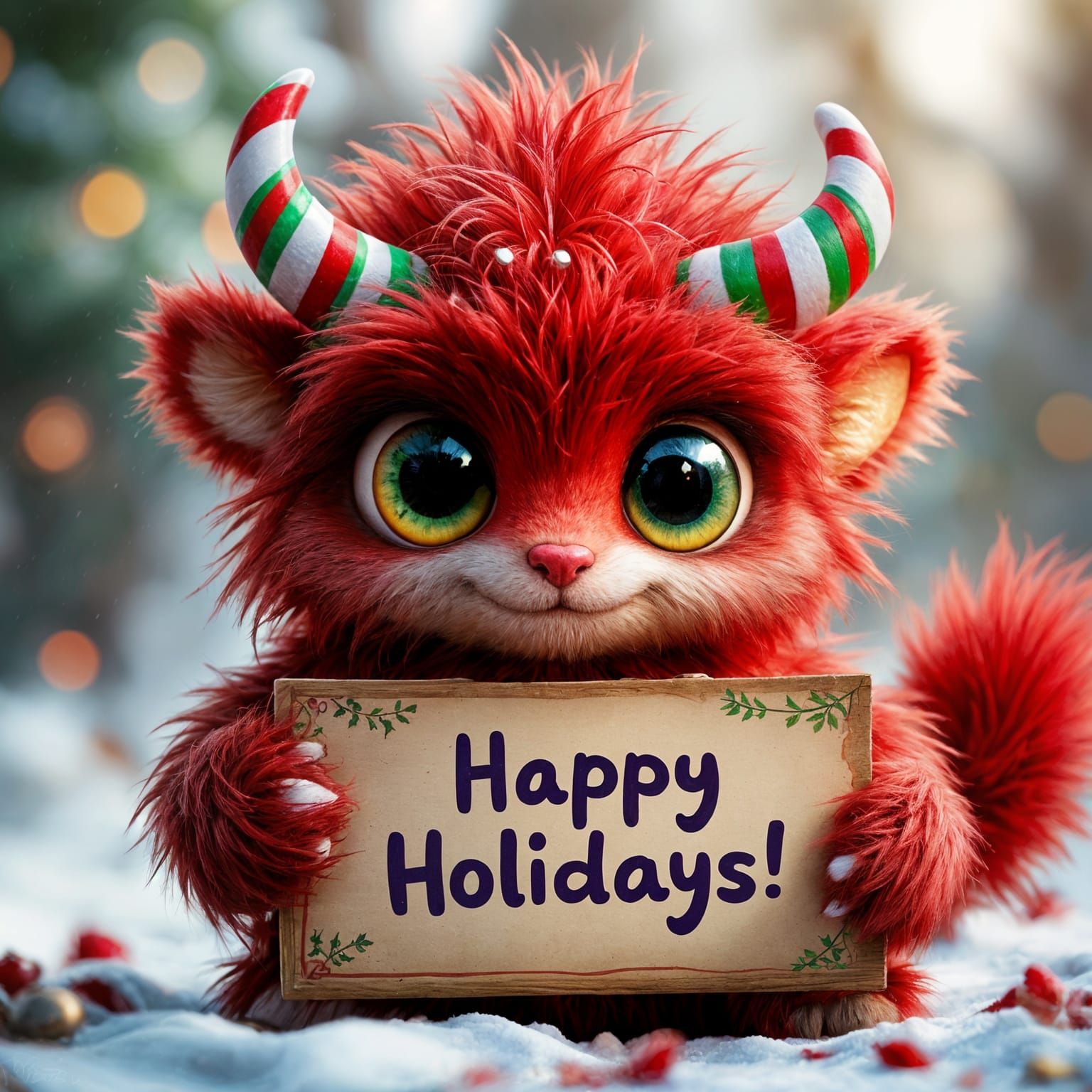 Fluffy Red & Green Mythical Creature with Candy Cane Horns