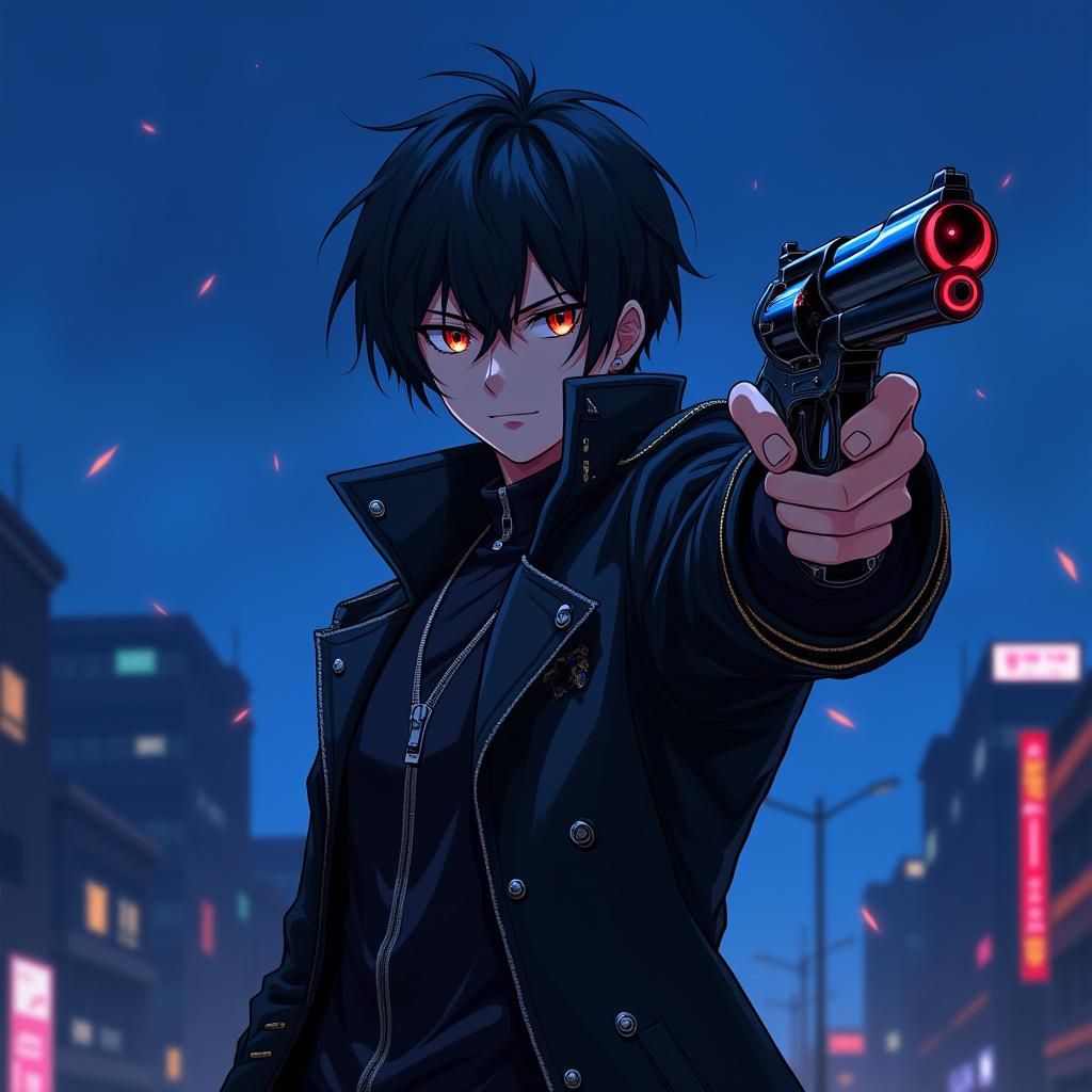 Cyberpunk Anime Protagonist with Revolver at Dusk