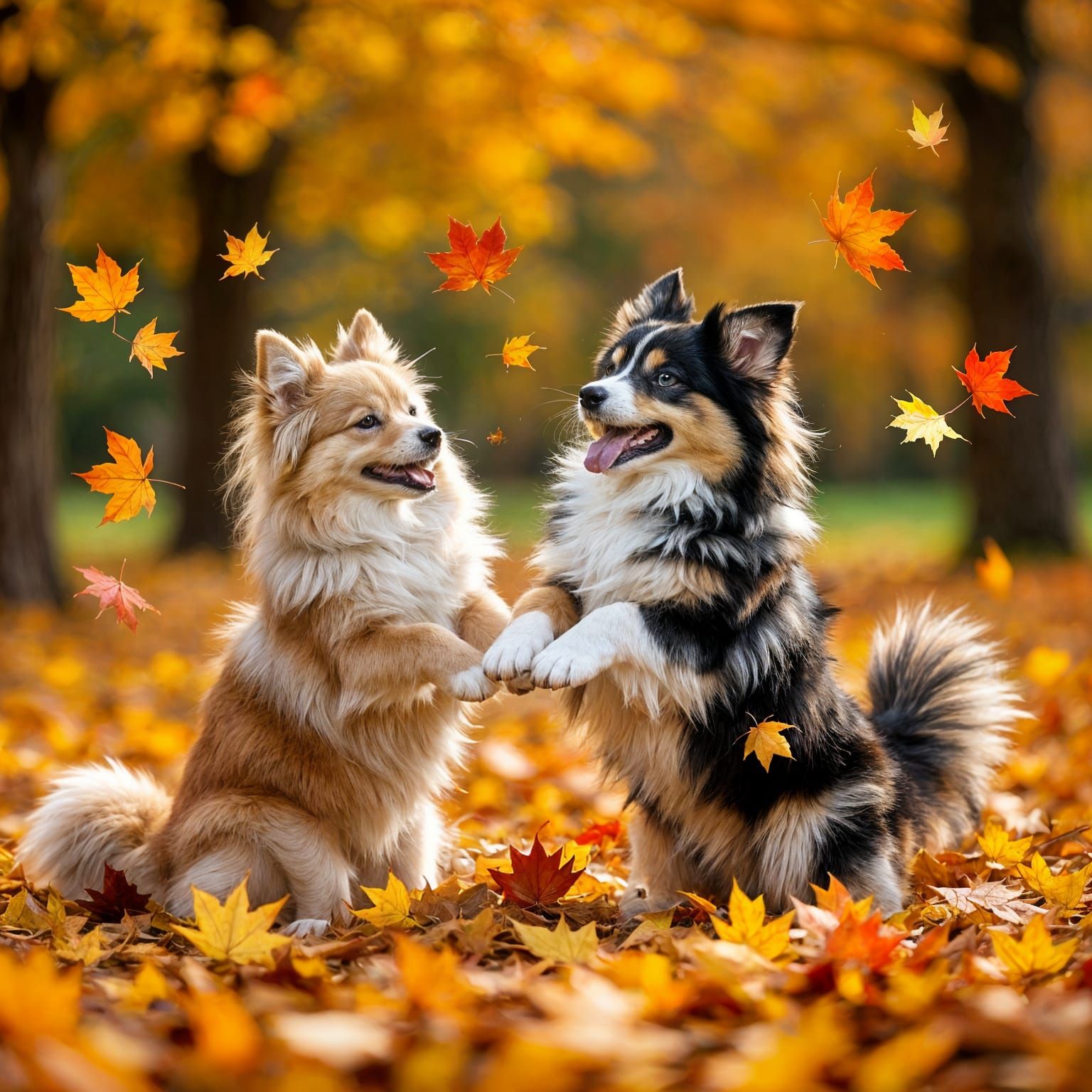 Puppies Joyfully Playing in Vibrant Autumn Leaves
