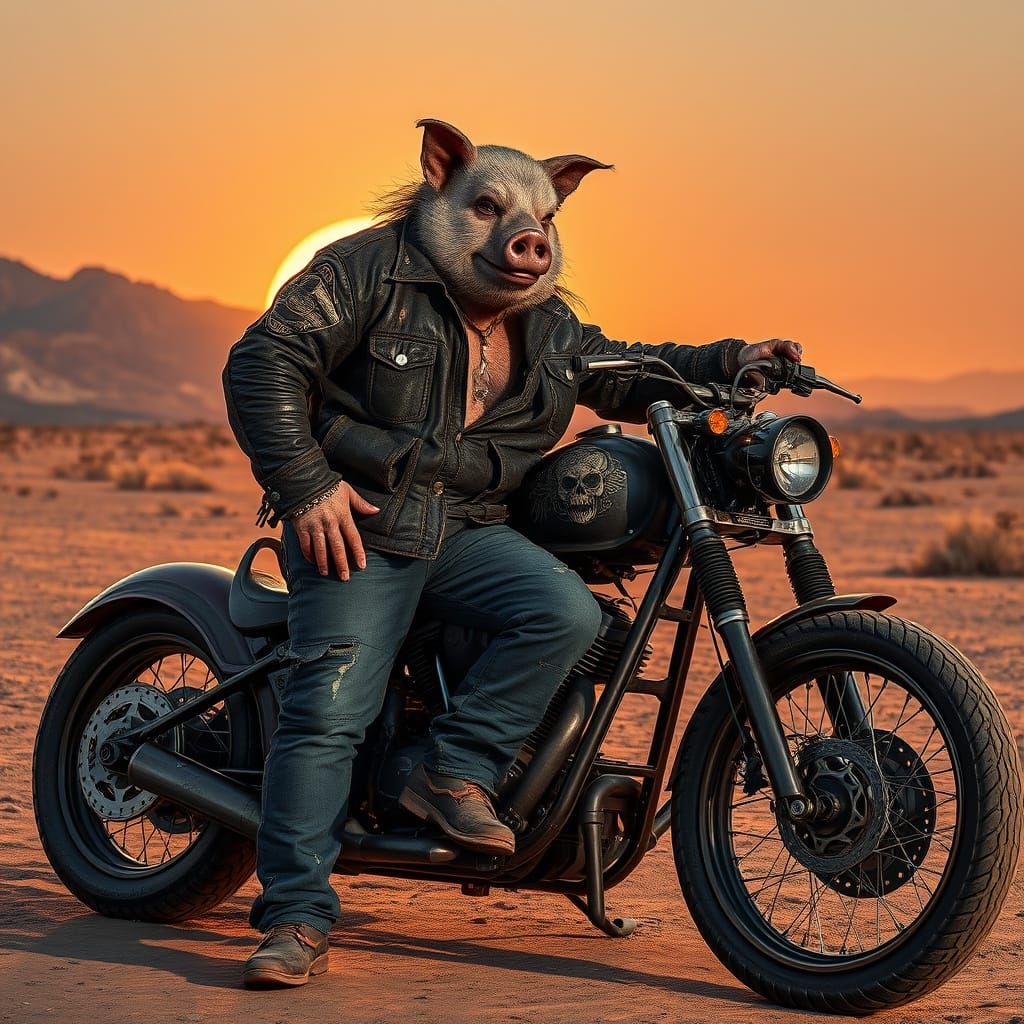 Grizzled Pig-Man Biker in Desert Sunset