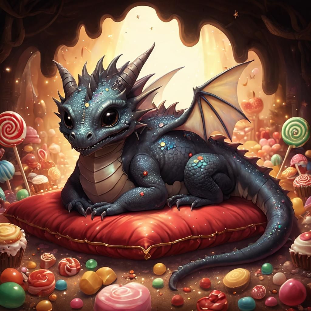 Whimsical Dark Scaled Dragon in Candy Land