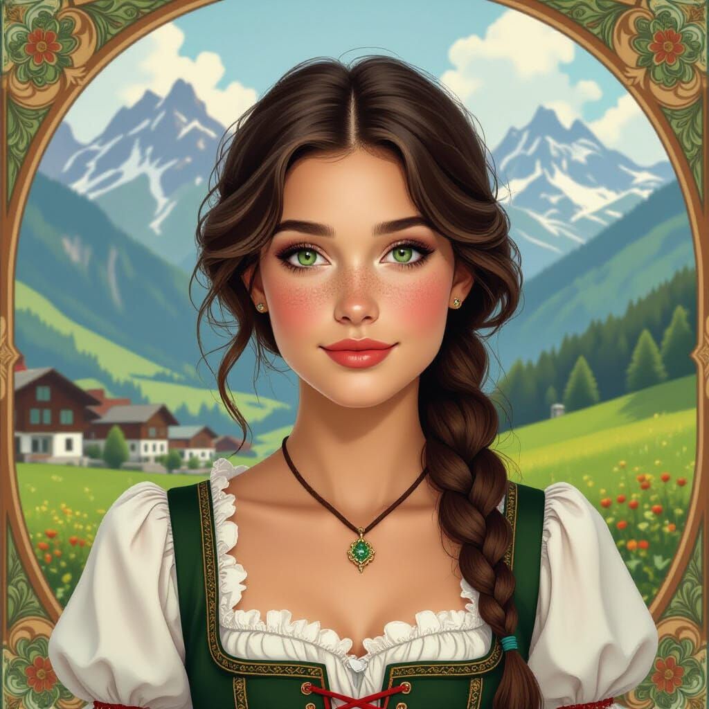 Bavarian Woman in Alpine Setting, Art Nouveau Style