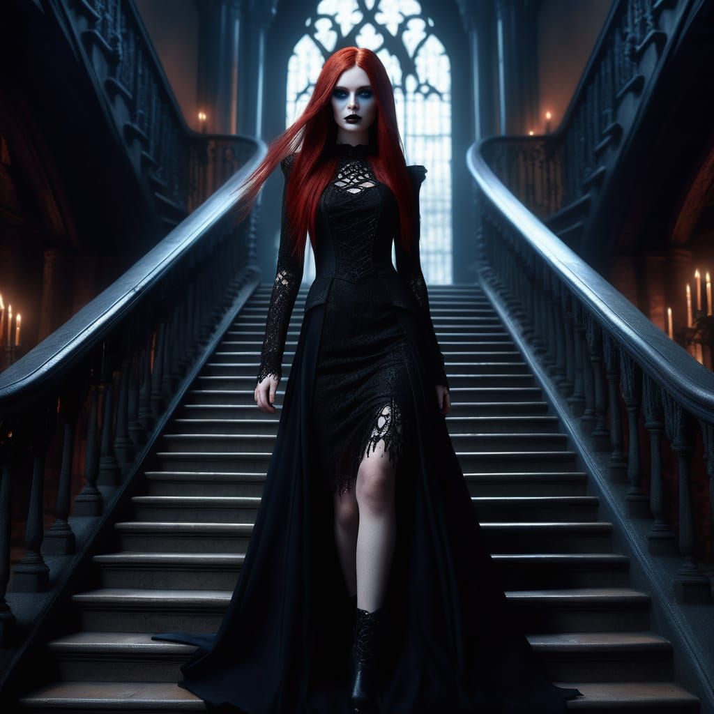 Gothic Goddess Descends a Dark Staircase in Elegant Style