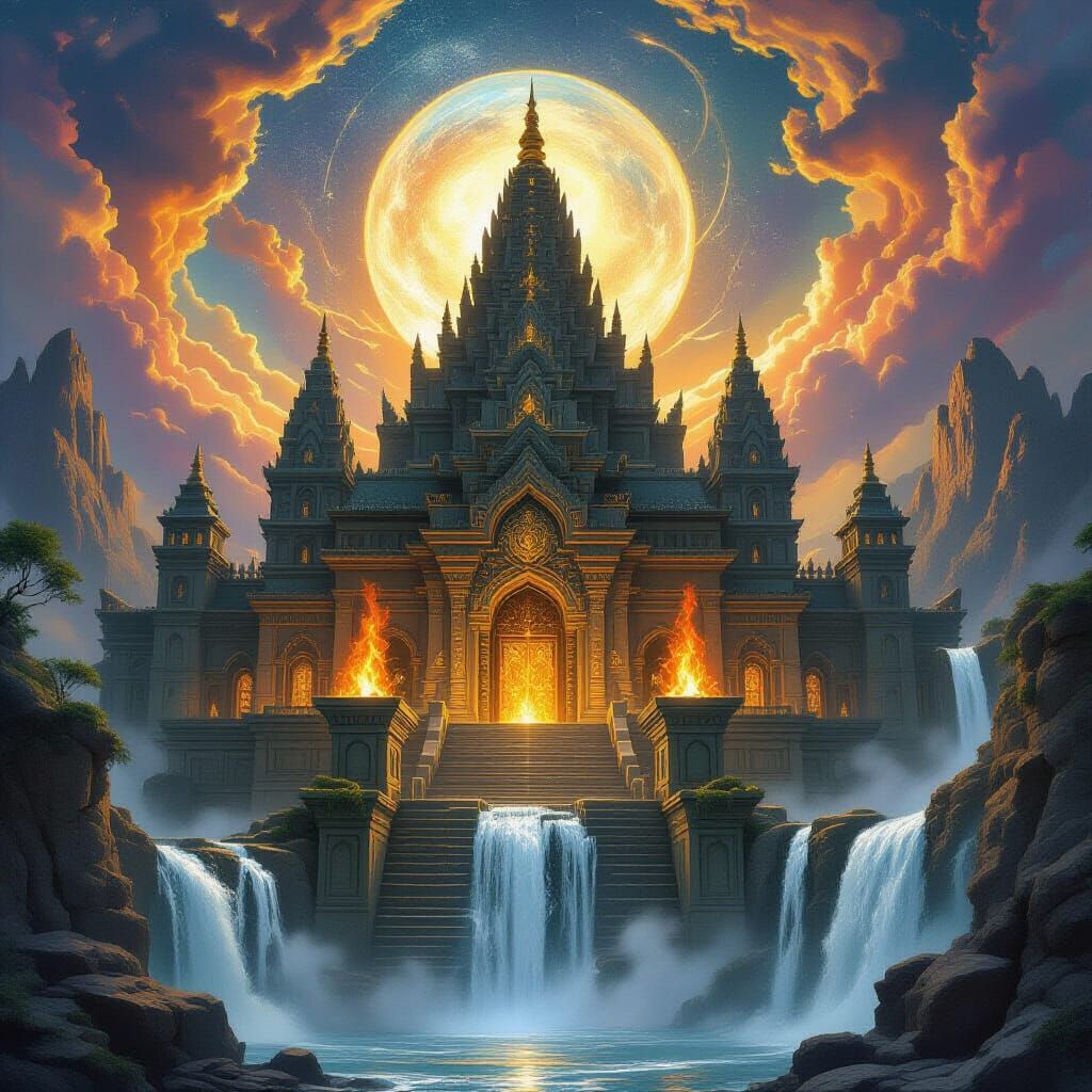 Epic Fantasy Temple Symbolizing World Elements