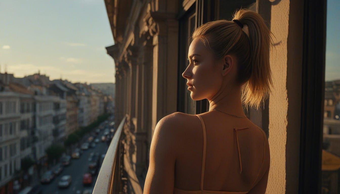 Toned Blonde Woman Leans on Balcony, Golden Hour Glow
