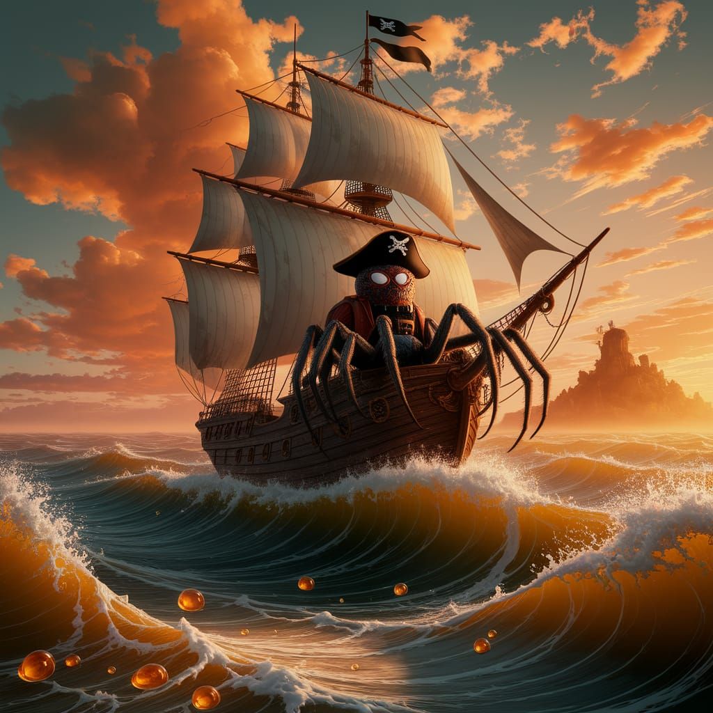 Spider Pirate Sailing a Ship on Ochre Seas
