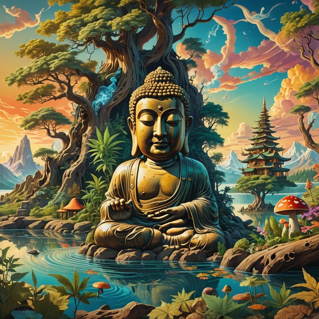 Buddha and Jesus Joint: Surrealist Oil Painting